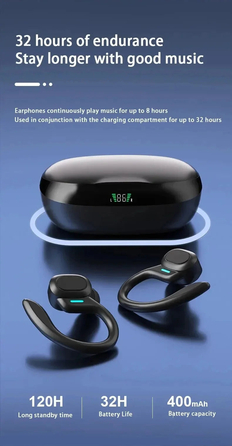 Wireless Earbuds Sport 5.3 Headphones with Noise Cancelling Mic 75H HiFi Stereo Over Ear Bud LED Display USB-C IPX6