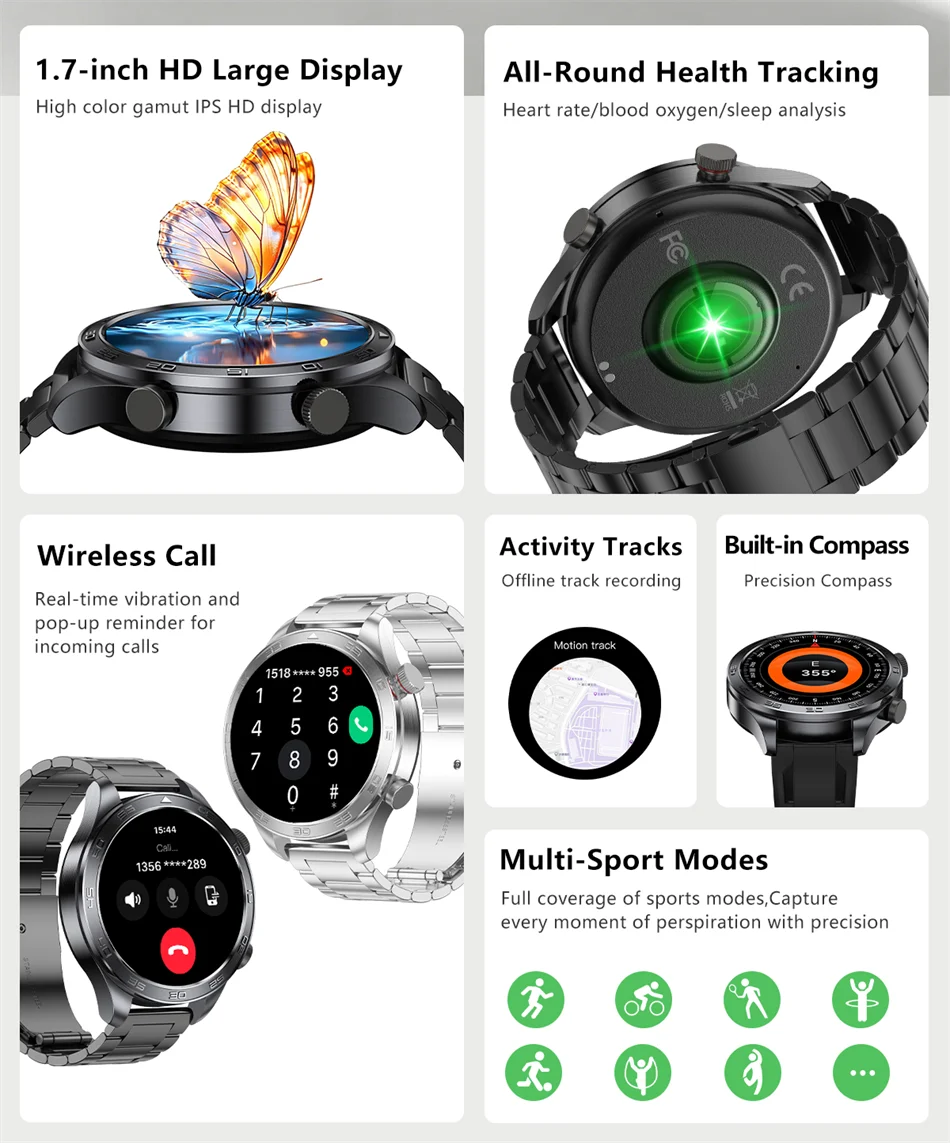 New GPS Track Smart Watch Men AMOLED Screen Outdoor Sports Fitness Heart Rate Compass IP68 Waterproof Bluetooth Call Smart Watch