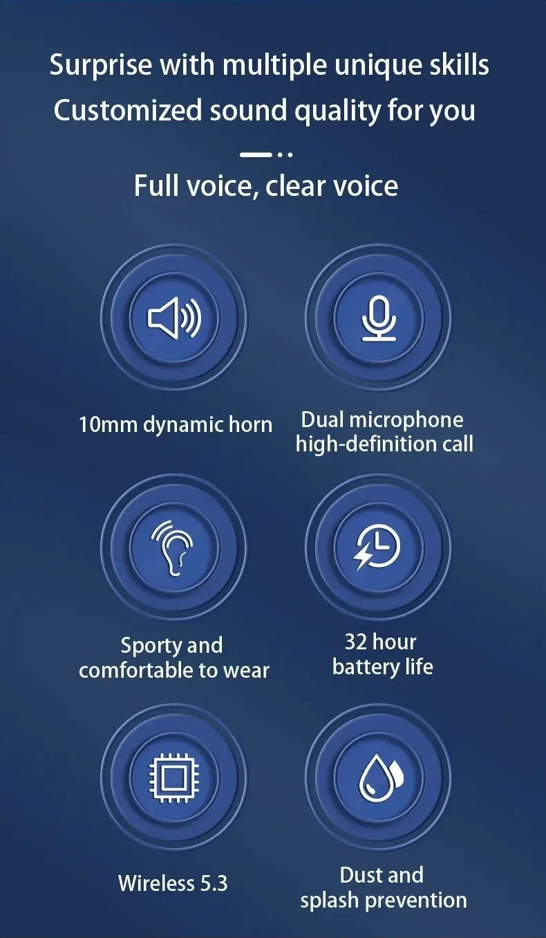 Wireless Earbuds Sport 5.3 Headphones with Noise Cancelling Mic 75H HiFi Stereo Over Ear Bud LED Display USB-C IPX6